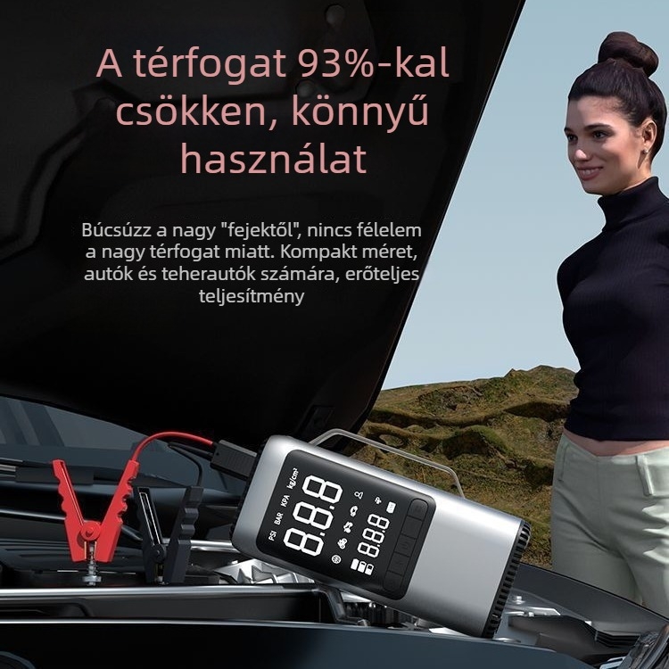Autóvészhelyzeti indító energialeadó egység, porszívóval, levegőpumpával és digitális kijelzővel (14.8V, 120W, 70 L/min, USB töltés)