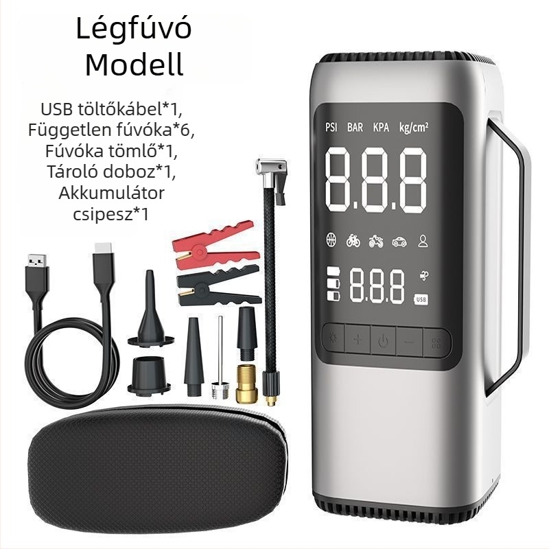 Autóvészhelyzeti indító energialeadó egység, porszívóval, levegőpumpával és digitális kijelzővel (14.8V, 120W, 70 L/min, USB töltés)