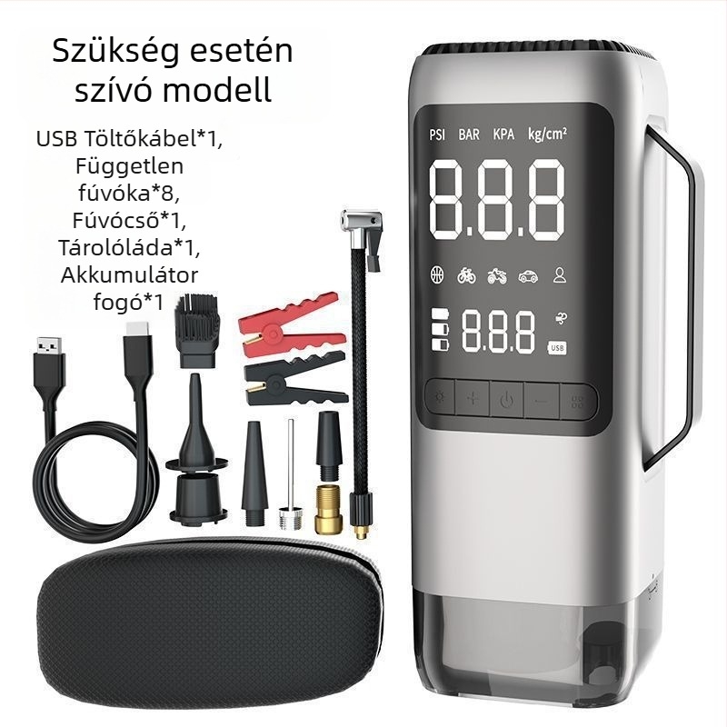 Autóvészhelyzeti indító energialeadó egység, porszívóval, levegőpumpával és digitális kijelzővel (14.8V, 120W, 70 L/min, USB töltés)