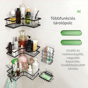 Sarkos fürdőszobai tárolópolc falra szerelhető, fúrás nélküli rögzítéssel, 1 polcos, minimalist stílusú vasból