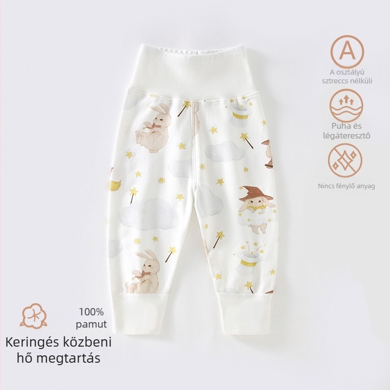 Gyerekeknek otthoni nadrág, magas derekú, 100% pamut, uniszex, cartoon mintával, lélegző és meleg tavaszra és őszre