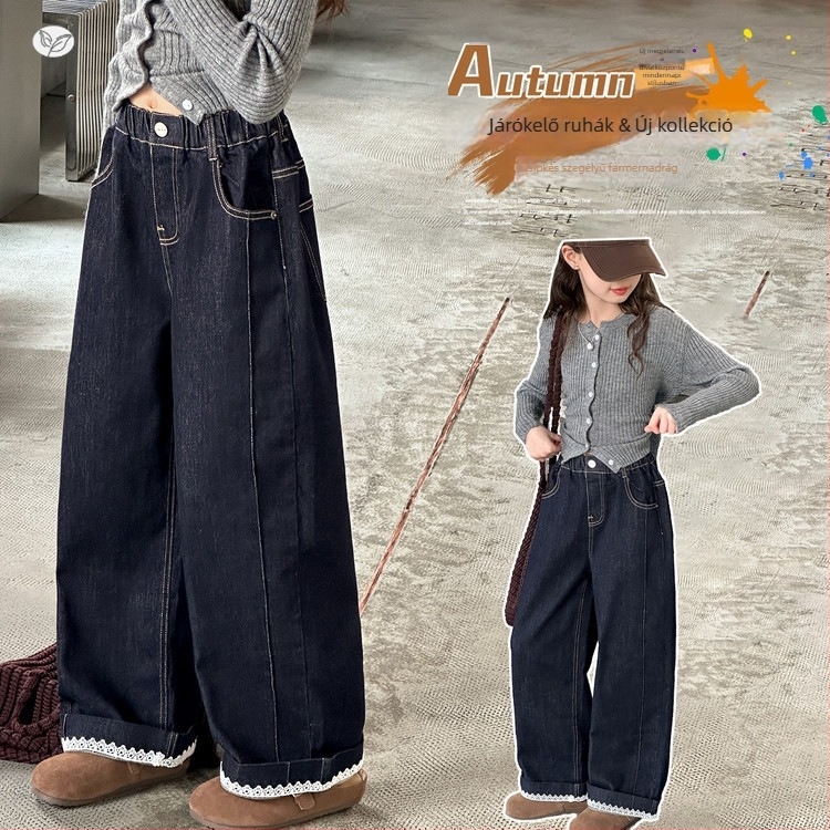 Lányoknak szóló nadrág, szabadidős denim, 67% pamut, fleece bélés, magas derék, egyszínű