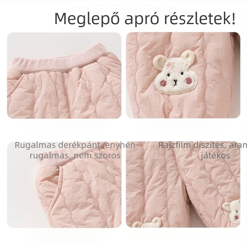 Lányoknak tervezett pamut edzőnadrág fleece belsővel, középső derék, 90% pamut, karikatúra mintával, 2025 tél
