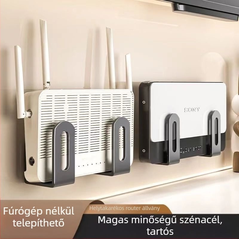 Router falra szerelhető tartó – fúrás nélküli, kampó-típusú rögzítés, szénacél, modern egyszerű stílus, egy szint, routerhez, set-top dobozhoz és modemhez