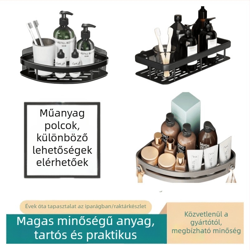 Fúrás nélküli fürdőszobai falra szerelhető tároló, műanyag, spray felületkezelés, 1 réteg