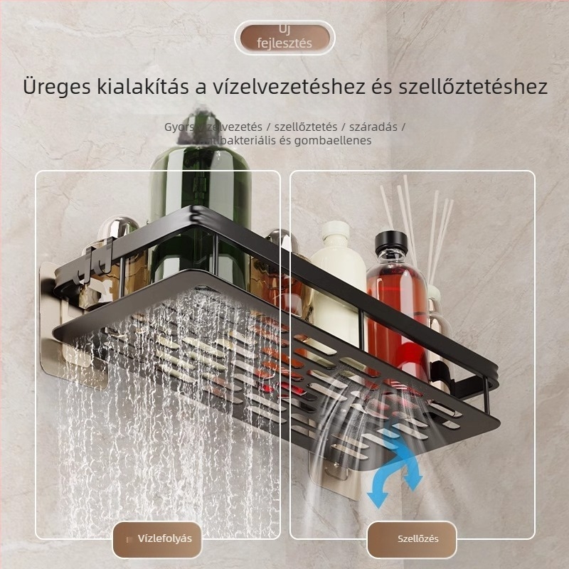 Fúrás nélküli fürdőszobai falra szerelhető tároló, műanyag, spray felületkezelés, 1 réteg