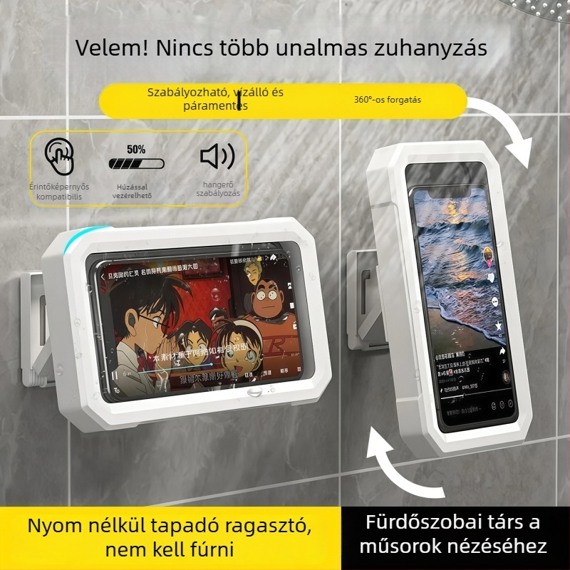 Fürdőszobai falra szerelhető vízálló telefon-tartó – műanyagból, permetezett felülettel, 1 kg-ig terhelhető, modern minimál stílus