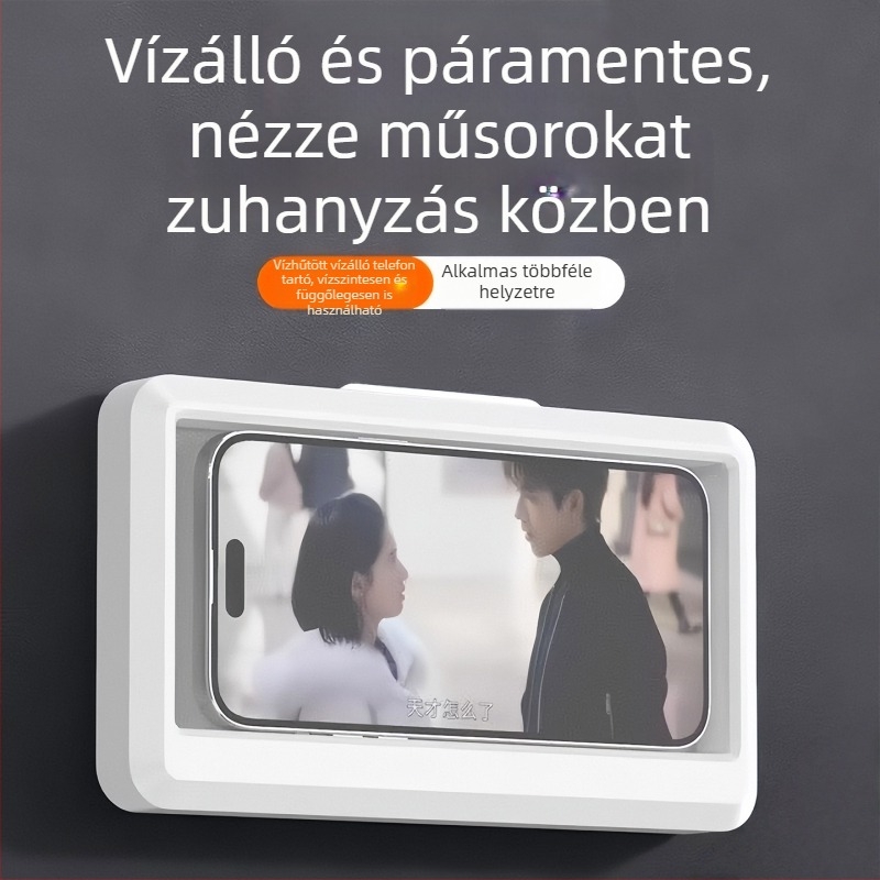 Fürdőszobai falra szerelhető vízálló telefon-tartó – műanyagból, permetezett felülettel, 1 kg-ig terhelhető, modern minimál stílus