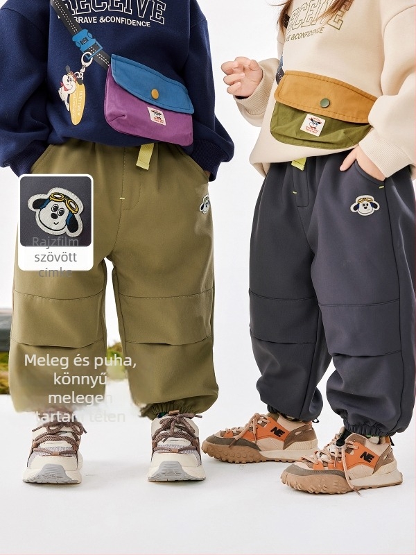 Gyerek nadrág, fleece béléssel, koreai stílusú casual, poliészter 90,4%, középmagas derekú gumis