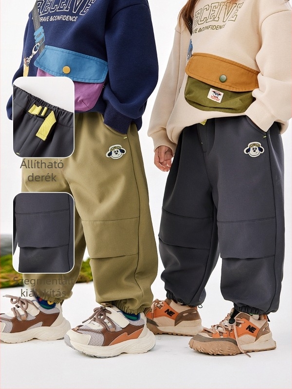 Gyerek nadrág, fleece béléssel, koreai stílusú casual, poliészter 90,4%, középmagas derekú gumis