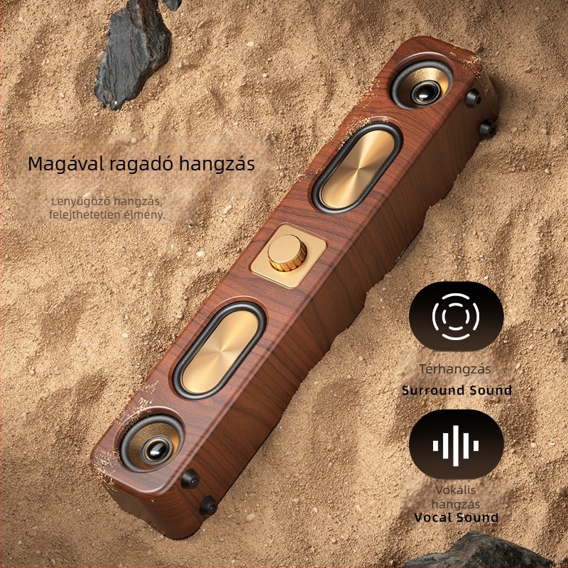 Retro vezeték nélküli Bluetooth hangszóró, hosszúkás fa dizájn, kártyahely, asztali rádió E3404