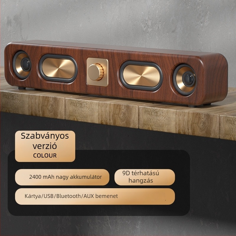 Retro vezeték nélküli Bluetooth hangszóró, hosszúkás fa dizájn, kártyahely, asztali rádió E3404