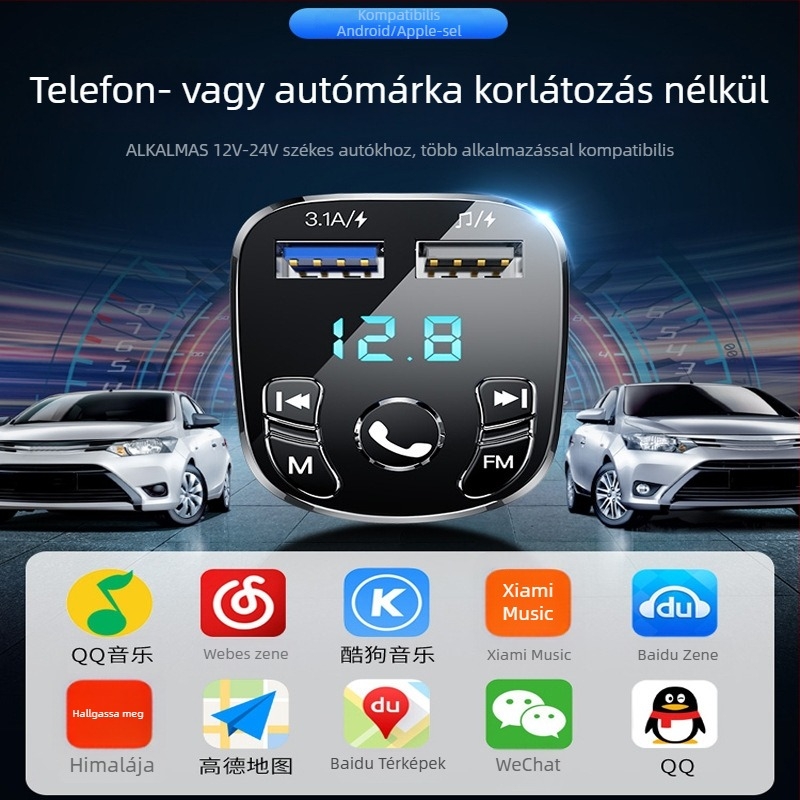 Autó Bluetooth MP3 töltő USB-meghajtó támogatással, FM rádió, 12–24V bemenet, monokróm kijelző