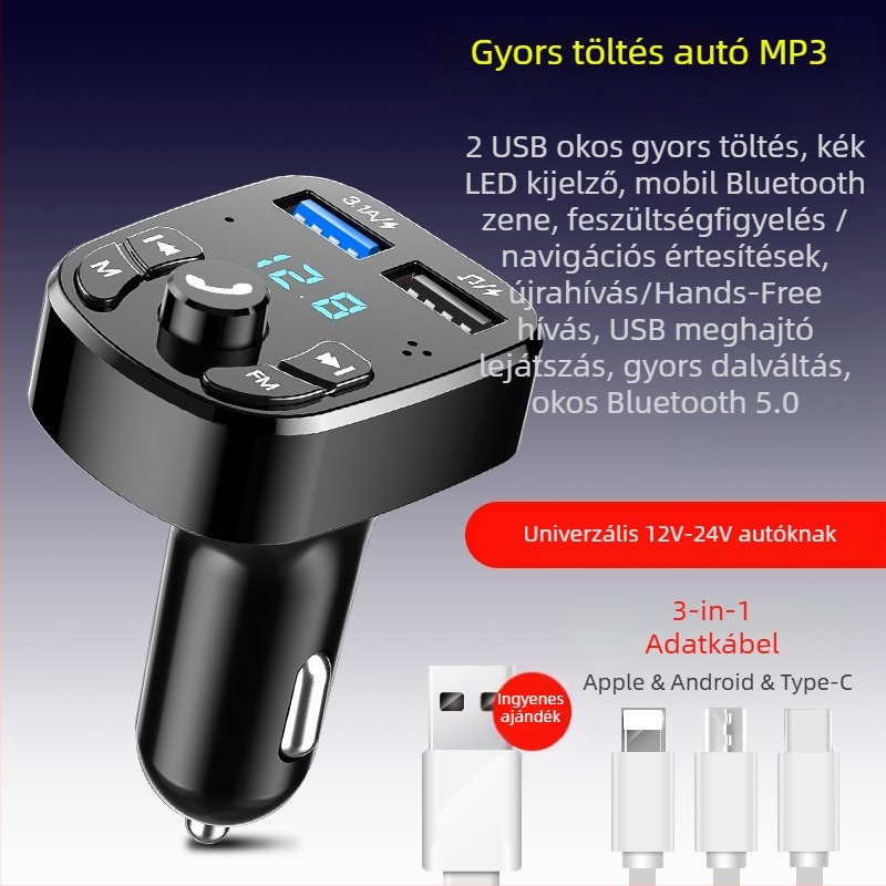 Autó Bluetooth MP3 töltő USB-meghajtó támogatással, FM rádió, 12–24V bemenet, monokróm kijelző