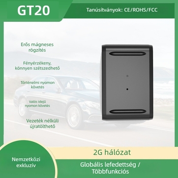 GT20 jármű GPS követő – telepítés nélkül, erős mágnes, IP54 vízálló, GPS pontosság 0–10 m, akkumulátor üzemideje 300 h