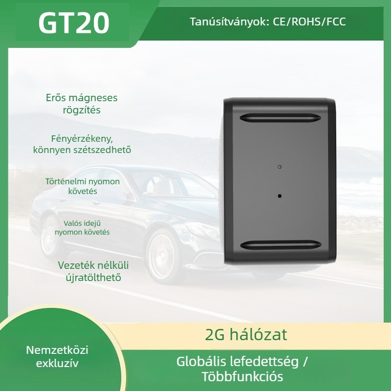 GT20 jármű GPS követő – telepítés nélkül, erős mágnes, IP54 vízálló, GPS pontosság 0–10 m, akkumulátor üzemideje 300 h