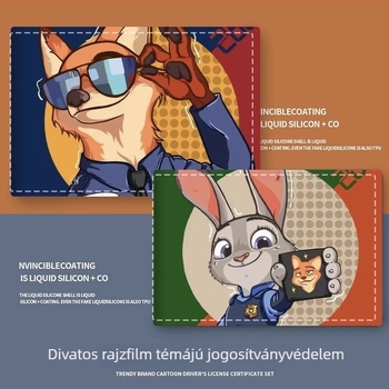 Unisex PU útlevél- és jogosítványtartó – Rajzfilm Nick & Judy motívummal, kártyatartó rekesz, lopás elleni védelem, bővíthető kapacitás