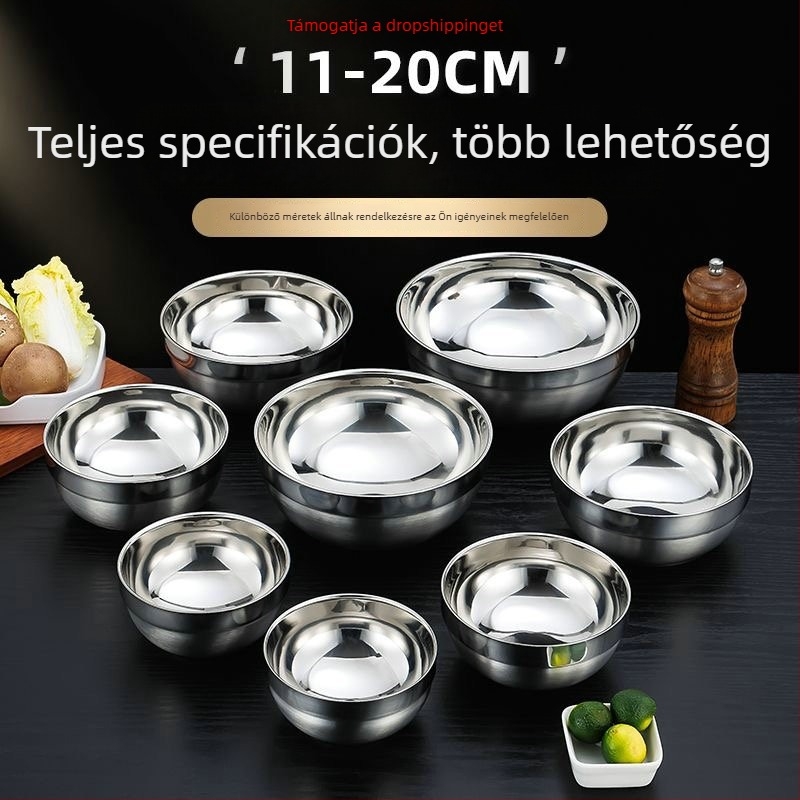 Kétrétegű, hőszigetelt rozsdamentes acél tál, élelmiszer-minőség, leveshez és rizshez