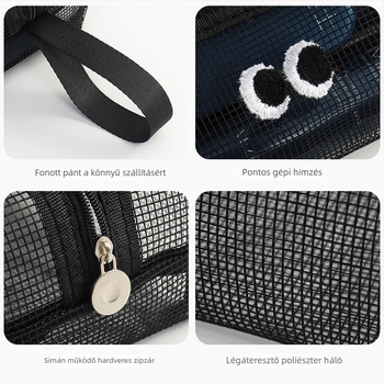 Hálós elrendezésű kozmetikai táska, mini cipzárral, nagy kapacitású, műanyag kivitel, sokoldalú utazótáska