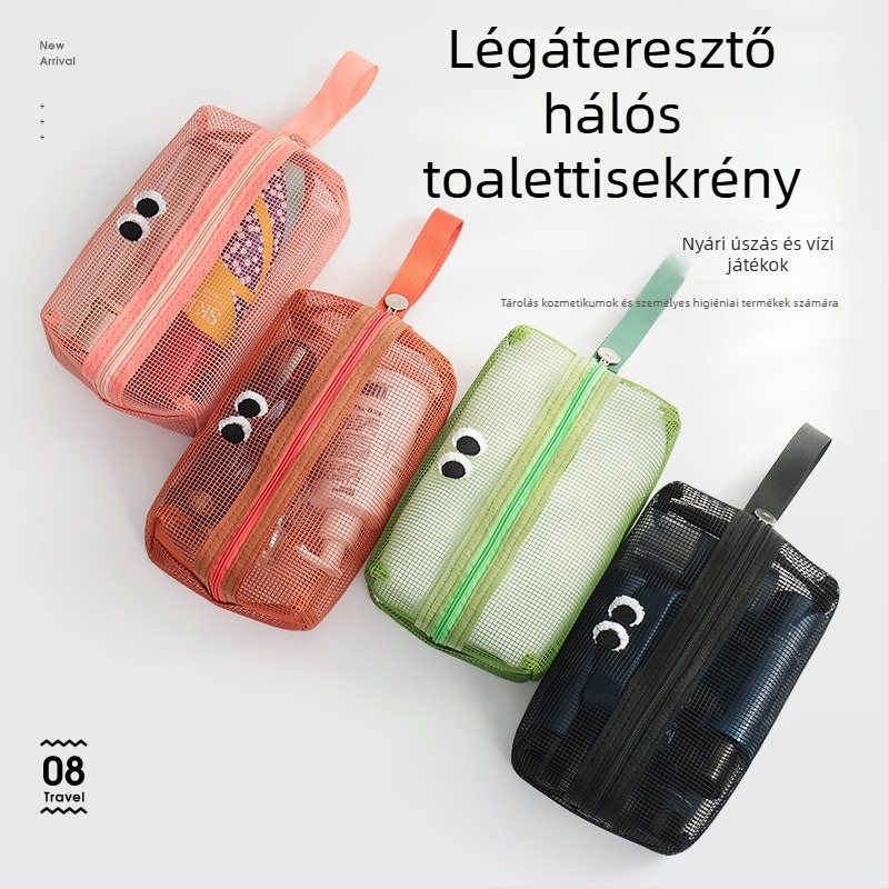 Hálós elrendezésű kozmetikai táska, mini cipzárral, nagy kapacitású, műanyag kivitel, sokoldalú utazótáska