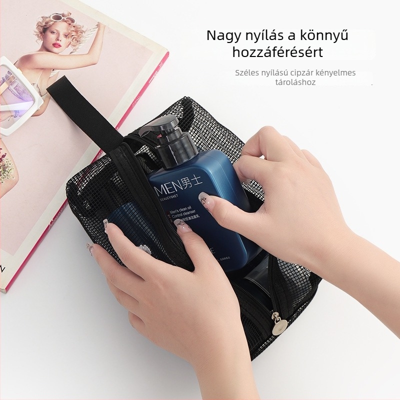 Hálós elrendezésű kozmetikai táska, mini cipzárral, nagy kapacitású, műanyag kivitel, sokoldalú utazótáska