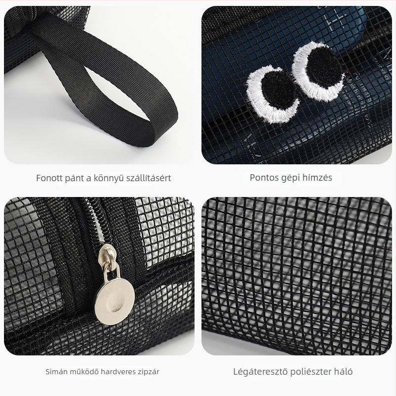 Hálós elrendezésű kozmetikai táska, mini cipzárral, nagy kapacitású, műanyag kivitel, sokoldalú utazótáska
