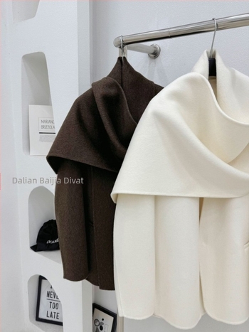 Női gyapjúkabát sálgallérral, dupla oldalú, rövid fazon, egyszínű, japán-koreai casual stílus