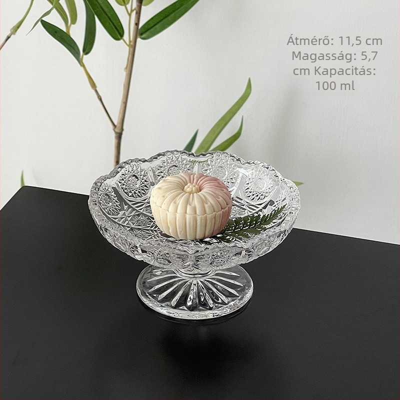 Magas lábú gyümölcstál, reliefes mintázat, kristályos üveg, egyszerű stílus, 520 márka, hazai termék