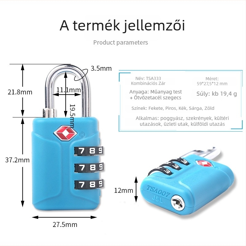 Mechanikus 3 számjegyű kódzár, ABS műanyag, modell 333, poggyászhoz és táskákhoz