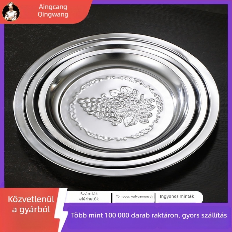 Rozsdamentes acélból készült kör alakú lapos tál ételhez, 18–19 cm, tükörfényes felület, modern minimalist stílus, testreszabható logó