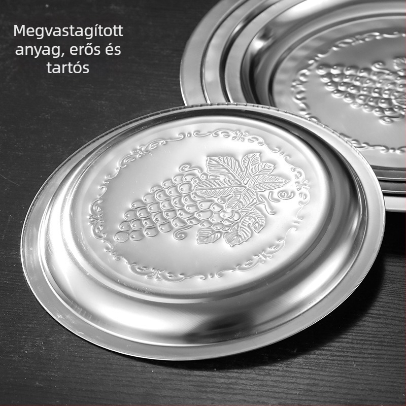 Rozsdamentes acélból készült kör alakú lapos tál ételhez, 18–19 cm, tükörfényes felület, modern minimalist stílus, testreszabható logó