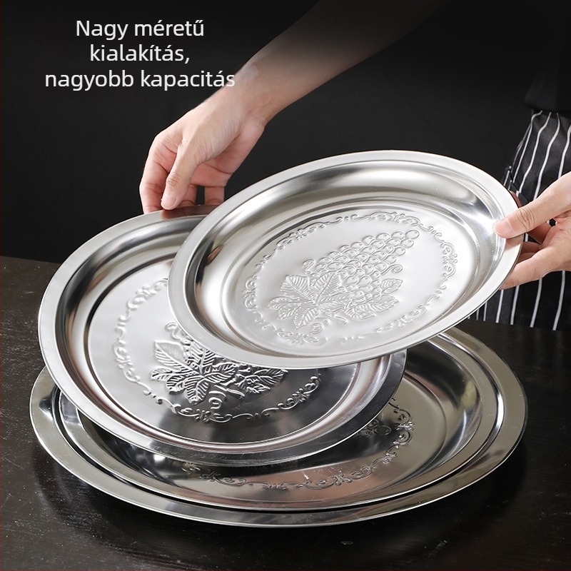 Rozsdamentes acélból készült kör alakú lapos tál ételhez, 18–19 cm, tükörfényes felület, modern minimalist stílus, testreszabható logó
