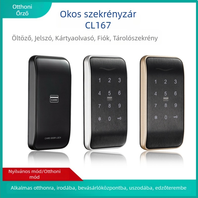 Intelligens fiók- és ruhásszekrény zár jelszóval és kártyaolvasóval – elektronikus szekrényzár, CL167, cinkötvözet