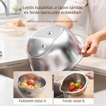 Rozsdamentes acélból készült leeresztő tál szűrővel gyümölcs és zöldség mosásához, rizs öblítéséhez, konyhai leeresztő kosár
