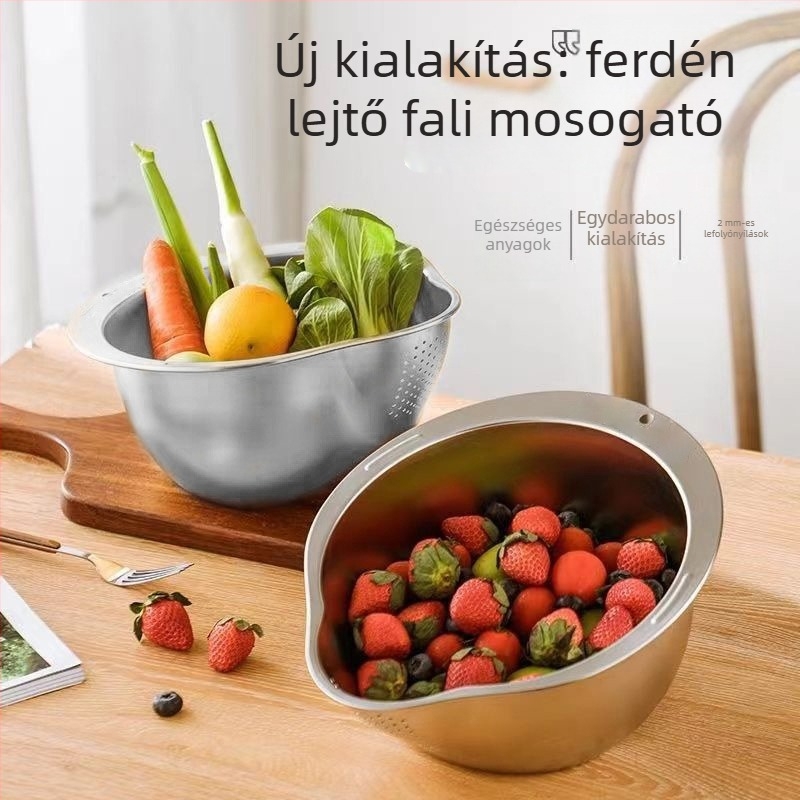 Rozsdamentes acélból készült leeresztő tál szűrővel gyümölcs és zöldség mosásához, rizs öblítéséhez, konyhai leeresztő kosár
