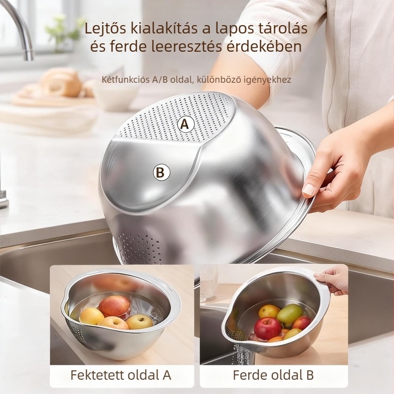 Rozsdamentes acélból készült leeresztő tál szűrővel gyümölcs és zöldség mosásához, rizs öblítéséhez, konyhai leeresztő kosár