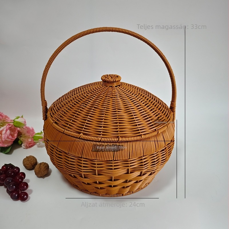 Kézzel készített körkosár fedővel, műanyag rattan utánzat és vas kerettel, gyümölcsre, vintage stílusban
