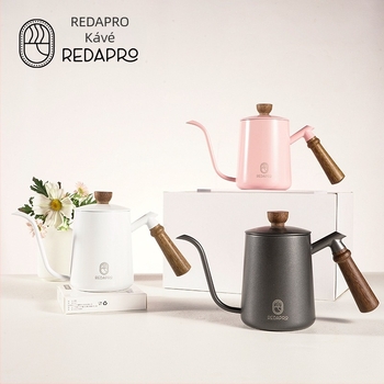 Kézi pour-over kávé kanna keskeny nyakkal (gooseneck) és csirke-szárny formájú fa fogantyúval, rozsdamentes acélból, 600 ml, könnyed luxus stílus
