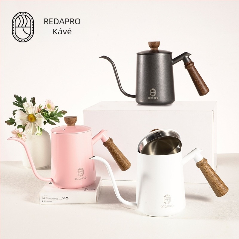 Kézi pour-over kávé kanna keskeny nyakkal (gooseneck) és csirke-szárny formájú fa fogantyúval, rozsdamentes acélból, 600 ml, könnyed luxus stílus