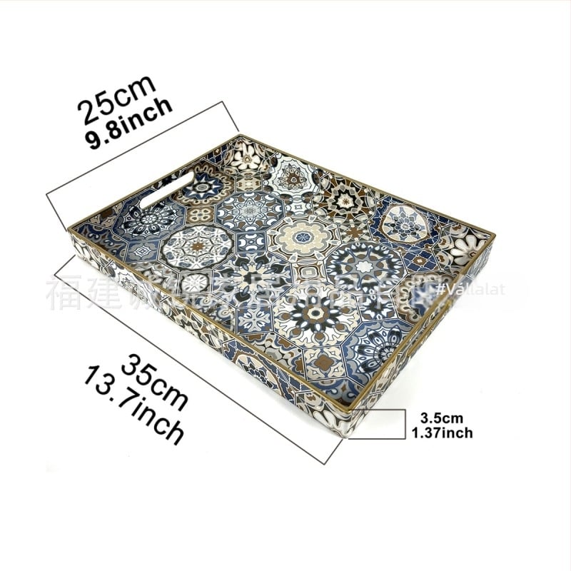 Boho stílusú négyzet alakú PP műanyag tálca fogantyúval, virágos mintával
