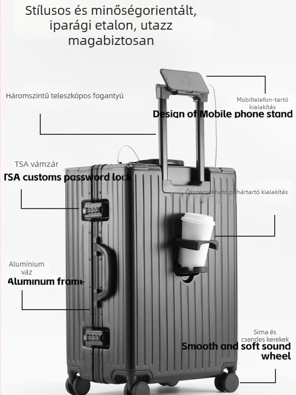 2025-ös új alumíniumvázú PC-koffer, 20 colos kézipoggyász nőknek, 24 colos gurulós koffer férfiaknak, USB-port, TSA kombinált zár, vízálló, karcálló, kockás mintázat