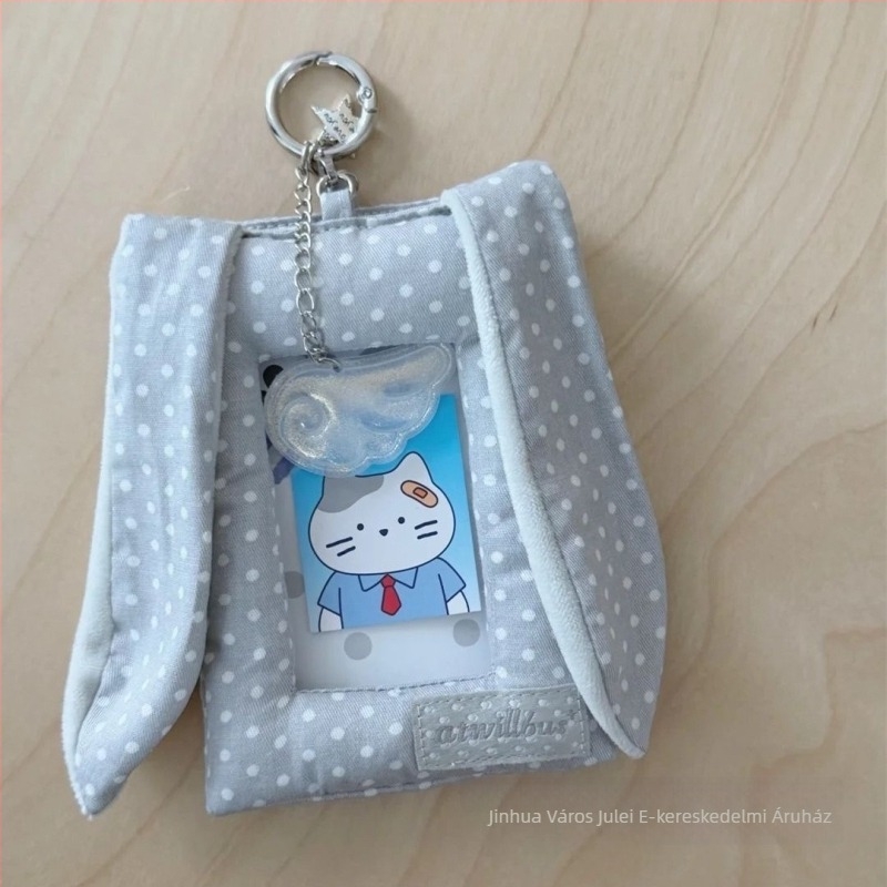 Koreai stílusú nyuszifülös kártyatartó, pöttyös mintával, aranyos albummedállal