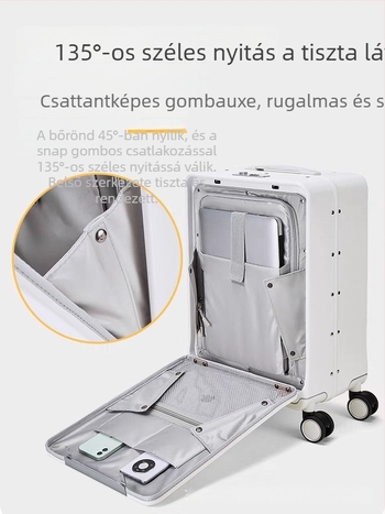 Utazókoffer elülső nyitással, alumínium kerettel, PC burkolattal, TSA jelszavas zár, univerzális kerekek, száraz–nedves elválasztás