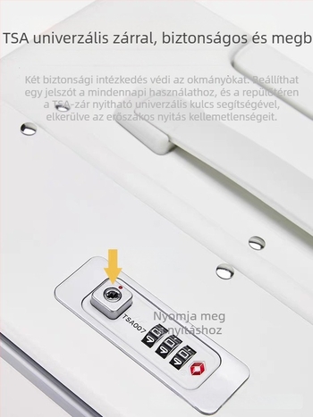 Utazókoffer elülső nyitással, alumínium kerettel, PC burkolattal, TSA jelszavas zár, univerzális kerekek, száraz–nedves elválasztás