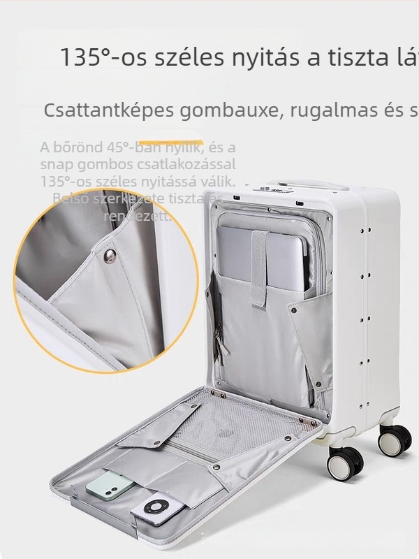 Utazókoffer elülső nyitással, alumínium kerettel, PC burkolattal, TSA jelszavas zár, univerzális kerekek, száraz–nedves elválasztás