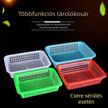 Műanyag konyhai tárolókosár, téglalap alakú, kék, gyümölcsök és zöldségek mosására és öblítésére.