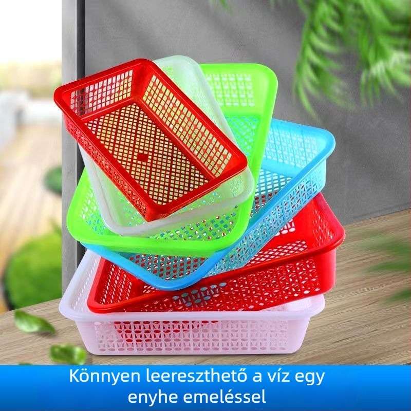 Műanyag konyhai tárolókosár, téglalap alakú, kék, gyümölcsök és zöldségek mosására és öblítésére.