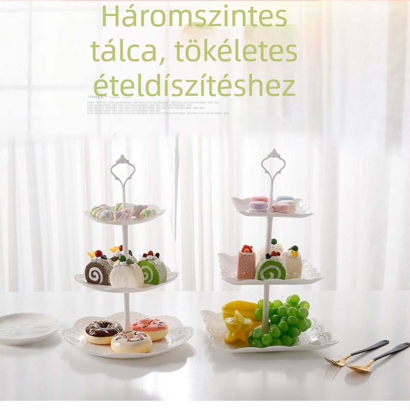 Európai stílusú háromszintes gyümölcstál és desszertállvány a nappaliba, többszintű nasi tál