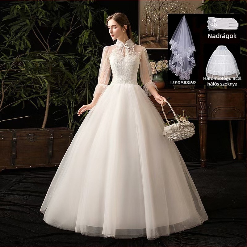 Esküvői ruha magas derekú, hosszú ujjú, hosszú szoknya, poliészter anyag