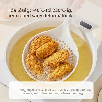 Szilikon főzőkanál hosszú nyéllel, hőálló, tapadásmentes, szűrő a tészta és a gyóza leöntéséhez